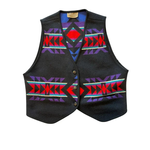 Vintage Knockabouts Pendleton Aztec Wool Vest Women's Sz Large Black Multicolor - Picture 1 of 11